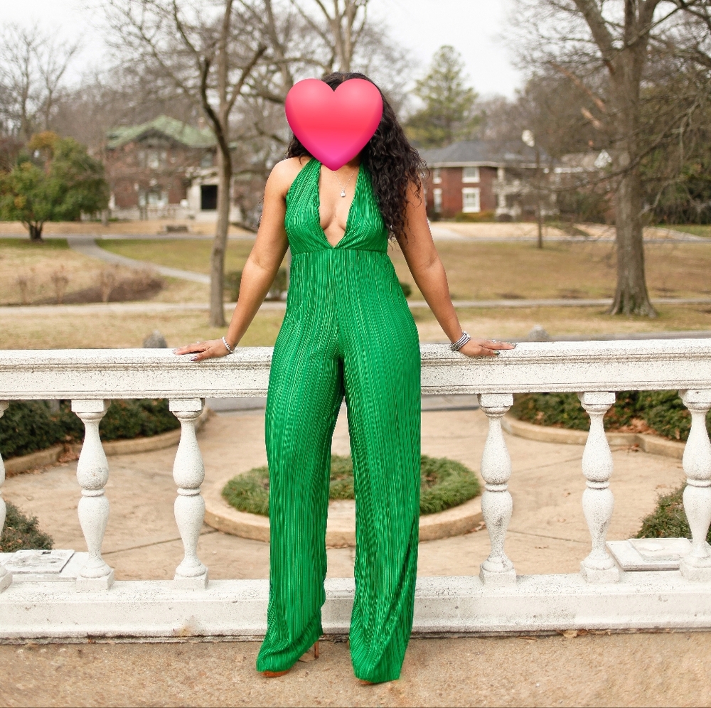 Pretty Little Thing green plisse plunge jumpsuit